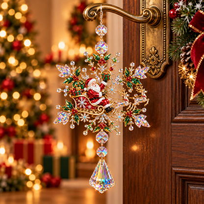 2026 Santa Sleigh Crystal Snowflake Ornament – Sparkling Reindeer & Holly Christmas Suncatcher, Elegant Holiday Tree Decoration & Keepsake Gift