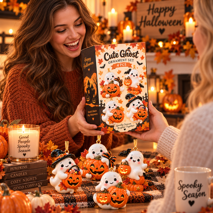 Cute Ghost & Pumpkin Halloween Ornament  –  Spooky-Cute Hanging Keepsake Collection, Fun Halloween Gift for Family & Ghost Lovers