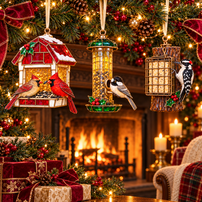Vintage Bird Feeder Christmas Ornaments – 6-Piece Stained Glass-Style Backyard Birds Collection