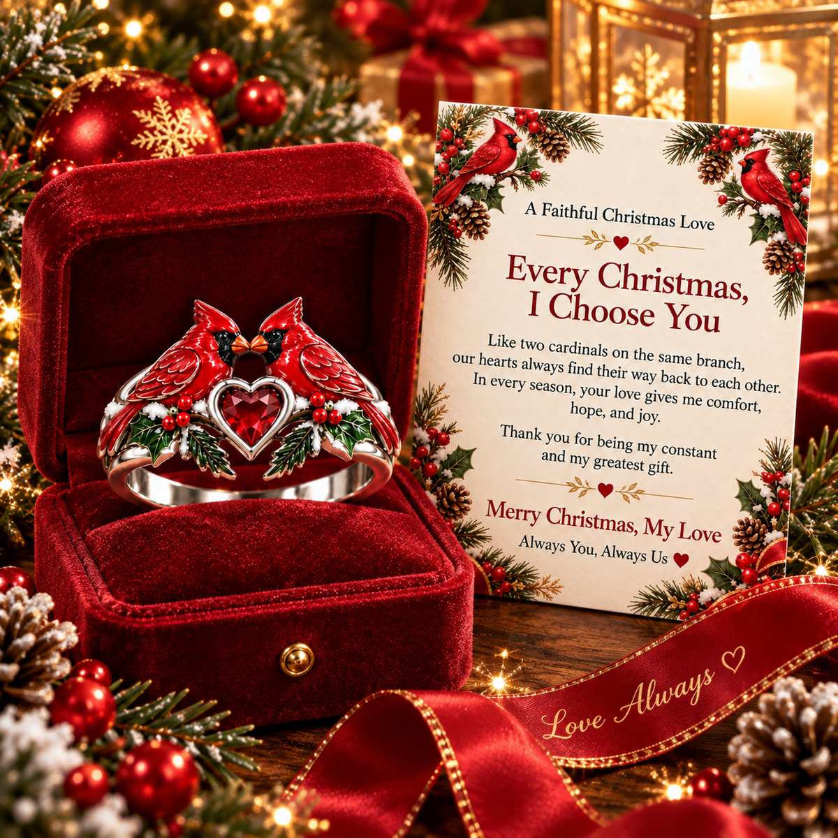 Every Christmas, I Choose You – Romantic Cardinal Heart Ring with Love Message Card, Meaningful Christmas Gift for Her