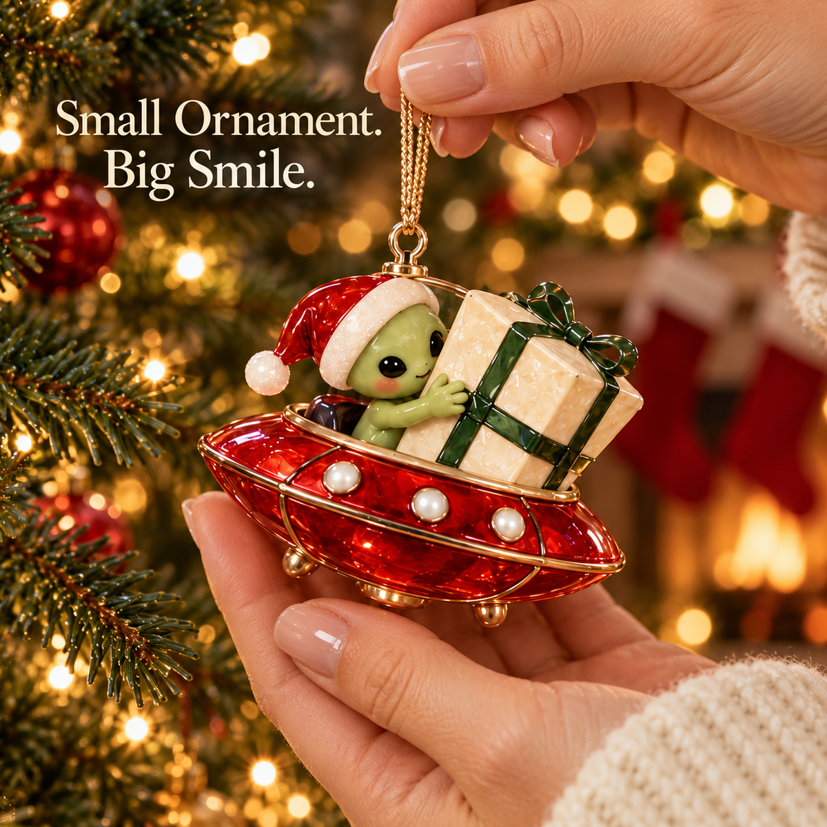 Close-up of red flying saucer alien Christmas ornament being held by hand