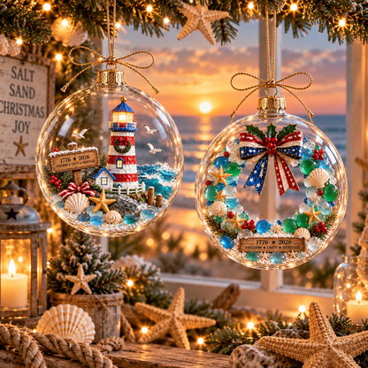 2026 250th Anniversary Ocean Christmas Series – Coastal Holiday Globe Ornament Collection with Santa, Snowman, Reindeer & Christmas Tree Keepsakes