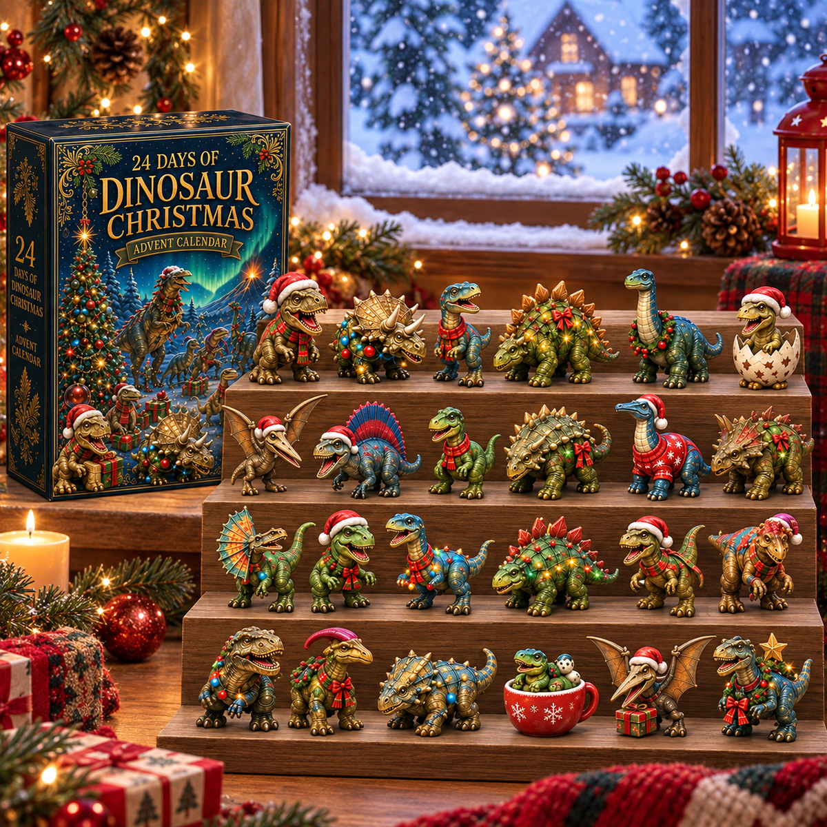 2026 Dinosaur Christmas 24-Day Countdown Calendar – 24 Unique Festive Dinosaur Miniatures, Fun Prehistoric Advent Collection & Christmas Gift for Dinosaur Lovers