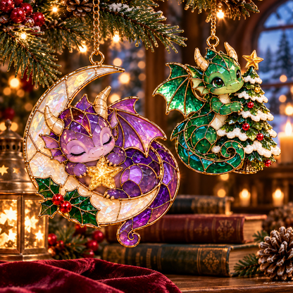 Enchanted Christmas Dragons – 6-Piece Vintage Stained Glass-Style Ornament Set