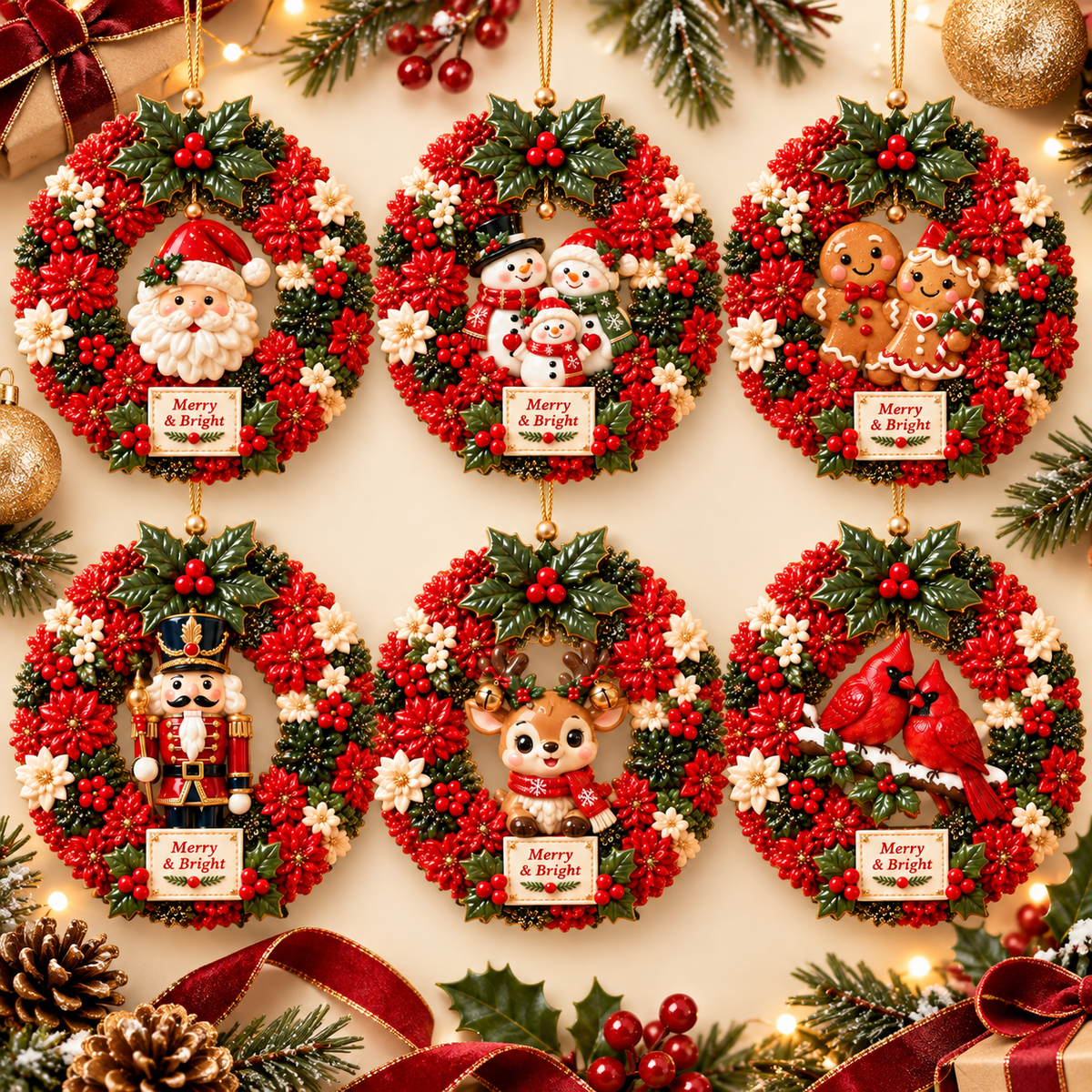 Merry & Bright Christmas Wreath Ornament Collection – 6-Piece  Santa, Snowman, Gingerbread, Nutcracker, Reindeer & Cardinal Christmas Tree Decorations | Festive Holiday Keepsake Gifts