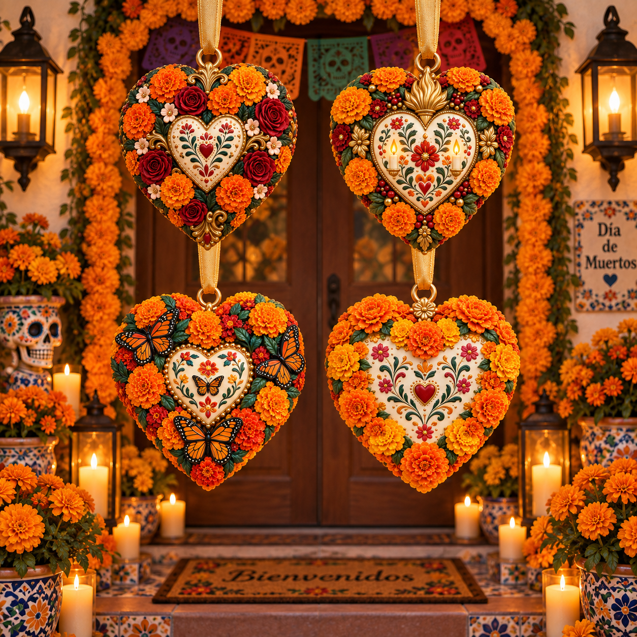 Día de Muertos Marigold Heart Ornament  – Floral Hanging Keepsake Collection, Meaningful Day of the Dead Gift for Family & Loved Ones
