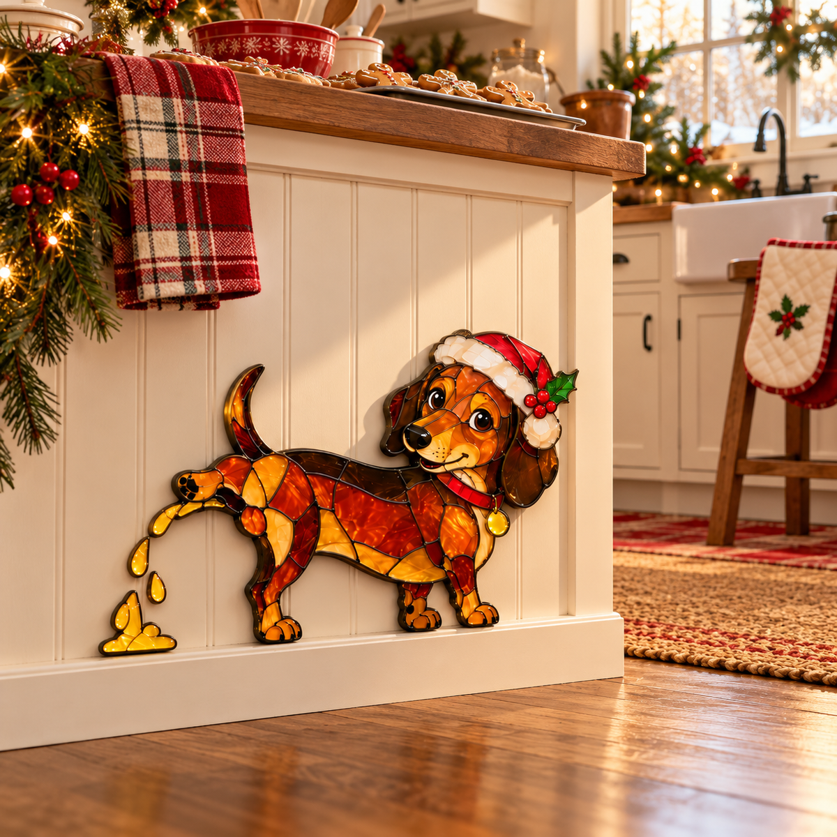 Funny Peeing Dachshund Christmas Decoration – Stained Glass-Style Sausage Dog Yard Art & Baseboard Decor