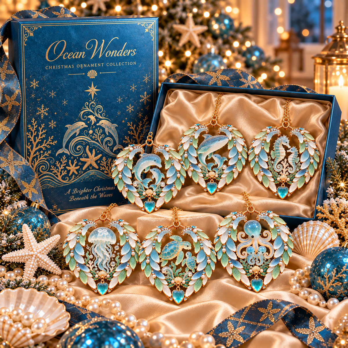 2026 Ocean Wonders Christmas Ornaments – 6-Piece Coastal Sea Life Heart Ornament Collection | Unique Christmas Tree Decorations & Gifts for Ocean Lovers