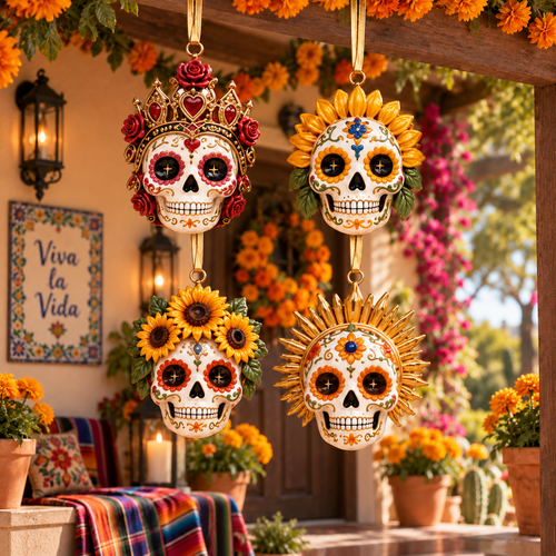 Día de Muertos Sugar Skull Ornament –  Colorful Day of the Dead Hanging Keepsake Collection, Festive Mexican-Inspired Gift for Family & Friends