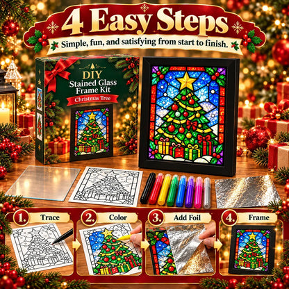 🎄Beginner-Friendly Christmas Stained Glass-Style Frame Kit | 8 Festive Designs with Pens, Foil & Frame ✨