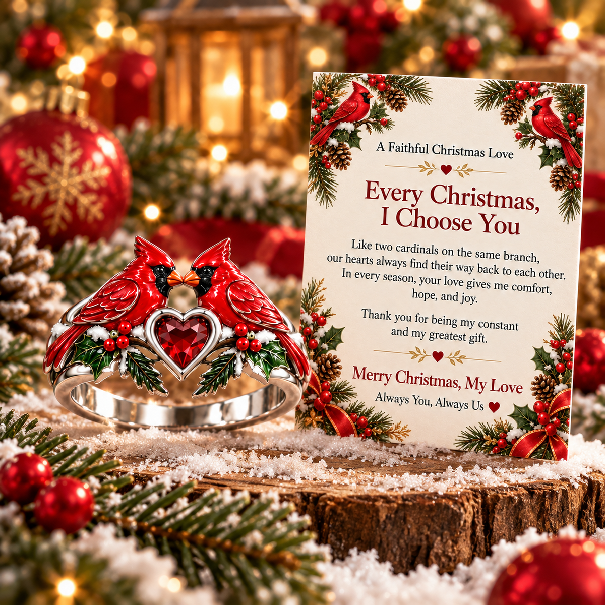 Every Christmas, I Choose You – Romantic Cardinal Heart Ring with Love Message Card, Meaningful Christmas Gift for Her
