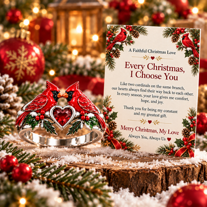 Every Christmas, I Choose You – Romantic Cardinal Heart Ring with Love Message Card, Meaningful Christmas Gift for Her