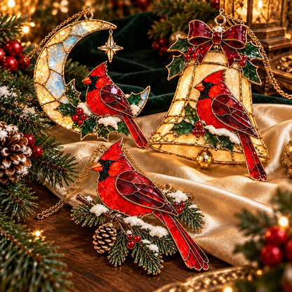 Cardinals of Christmas – Vintage Stained Glass-Style Ornaments, Set of 6