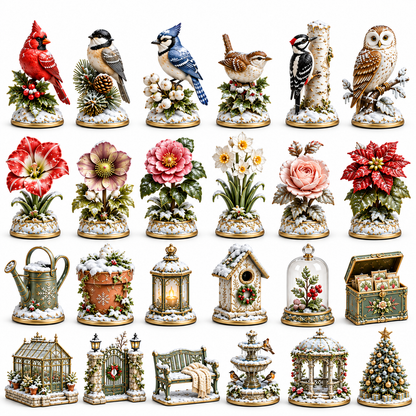 2026 Winter Blooms Collector Garden 24-Day Countdown Calendar – 24 Unique Winter Birds, Flowers & Garden Miniatures, Elegant Botanical Christmas Gift