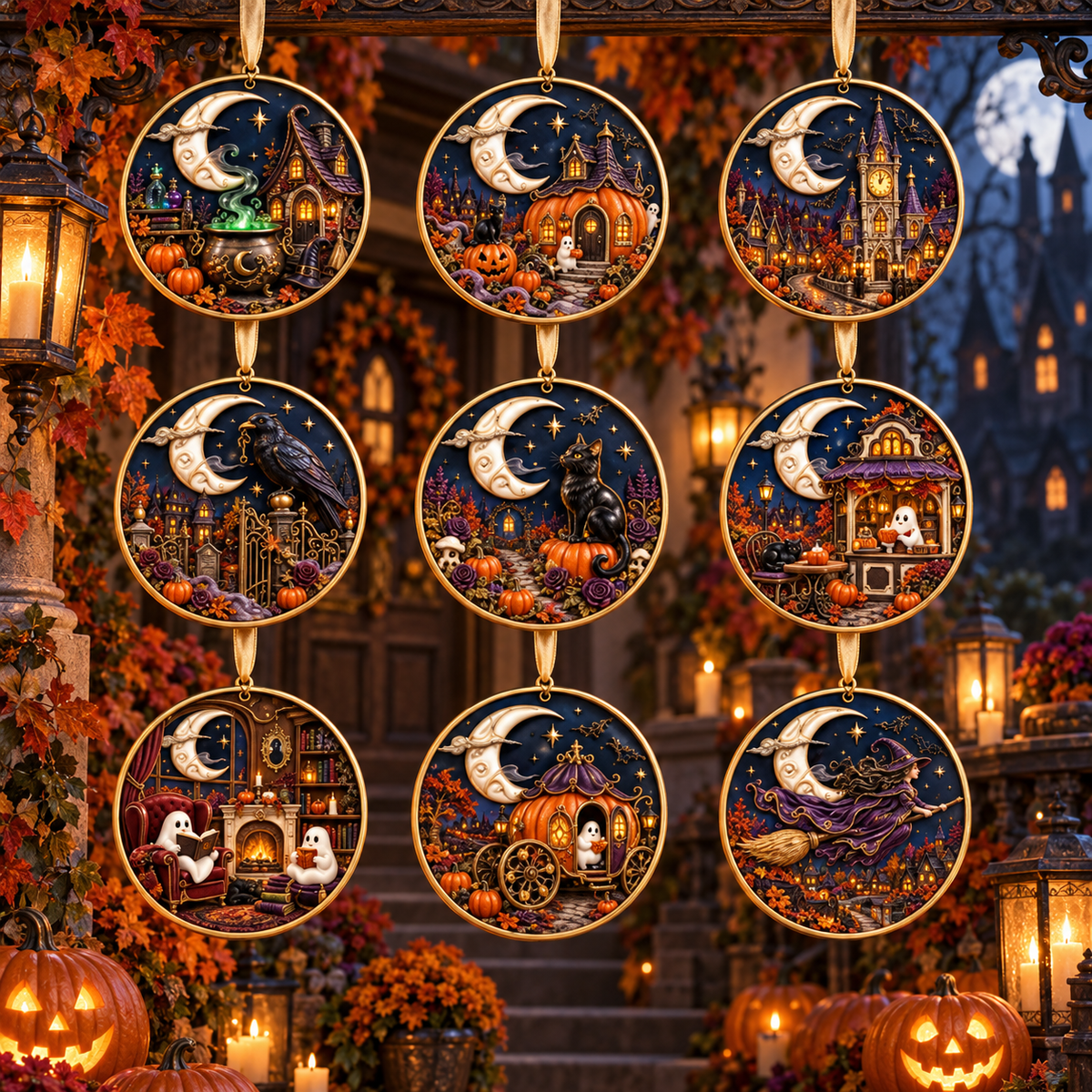 2026 Moonlit Halloween Village Hanging Ornaments – 9 Enchanting Designs with Witches, Ghosts & Pumpkin Magic