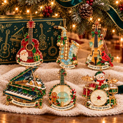 Christmas Melodies – 6-Piece Stained-Glass-Style Musical Instrument Ornament Set | A Christmas Gift for Music Lovers