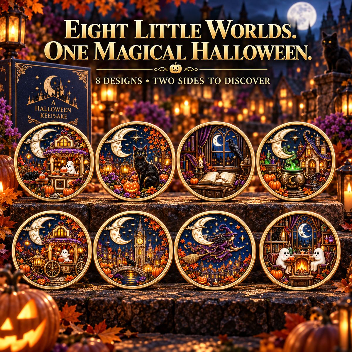 2026 Enchanted Halloween Collectible Coins – 8 Double-Sided Designs with Witches, Ghosts & Moonlit Villages