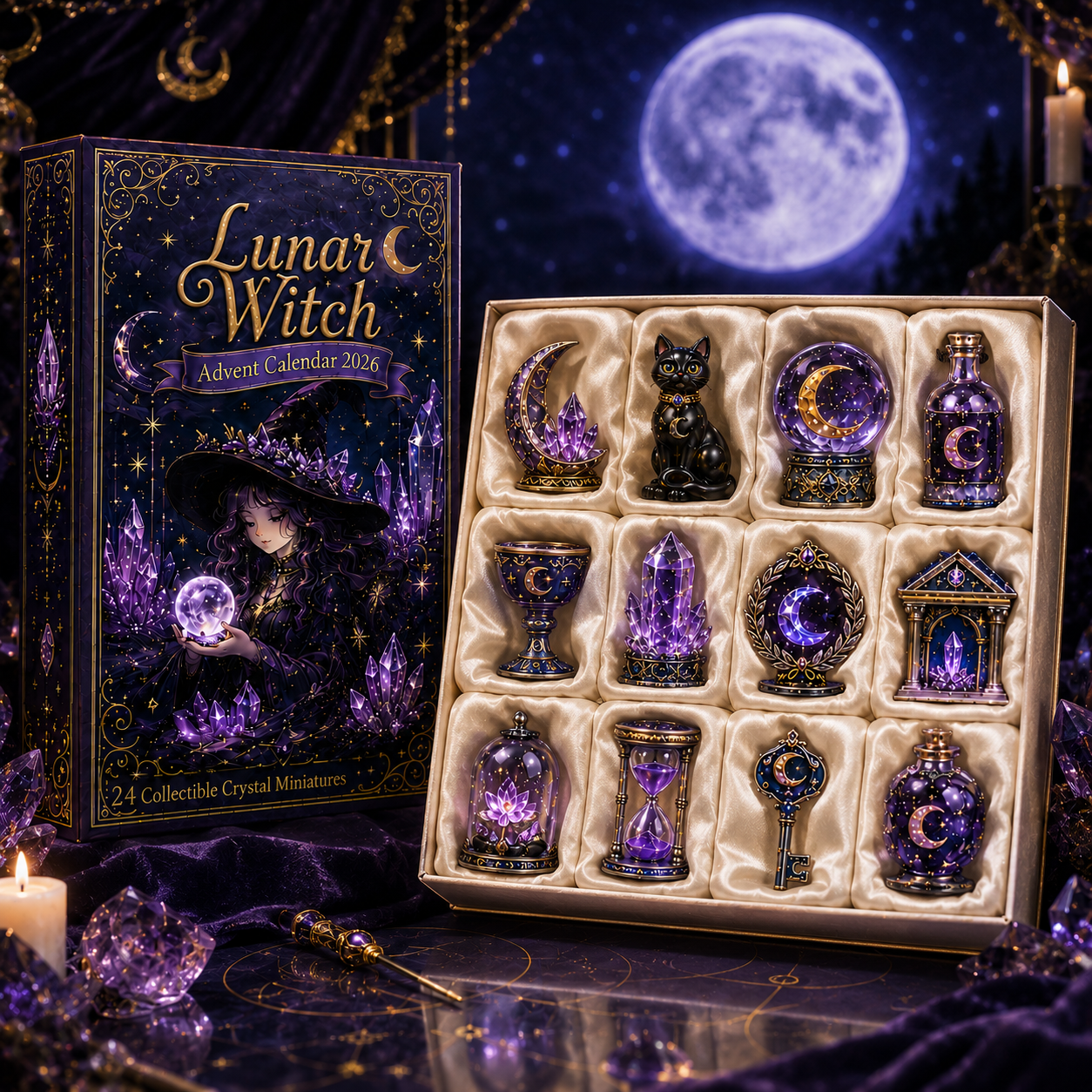 Lunar Witch Advent Calendar 2026 – 24 Enchanted Crystal Miniatures for a Magical Moonlit Countdown