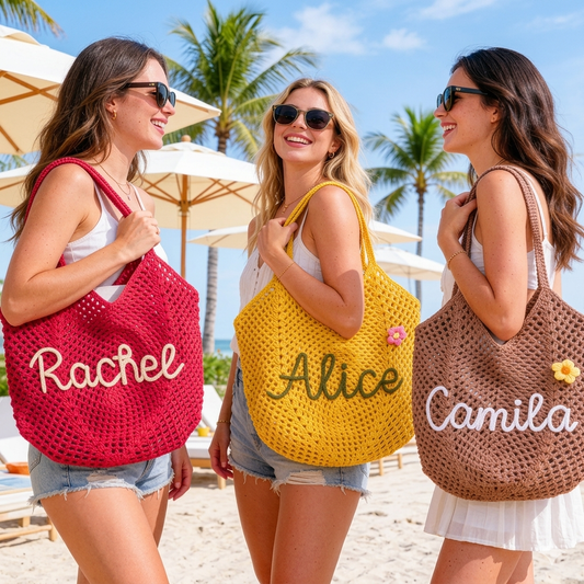 Personalized beach tote bags, Crochet beach bags, Bridesmaid gift bags, Travel Beach Bag, Wedding favor gift, Bachelorette Trip Gift for Her
