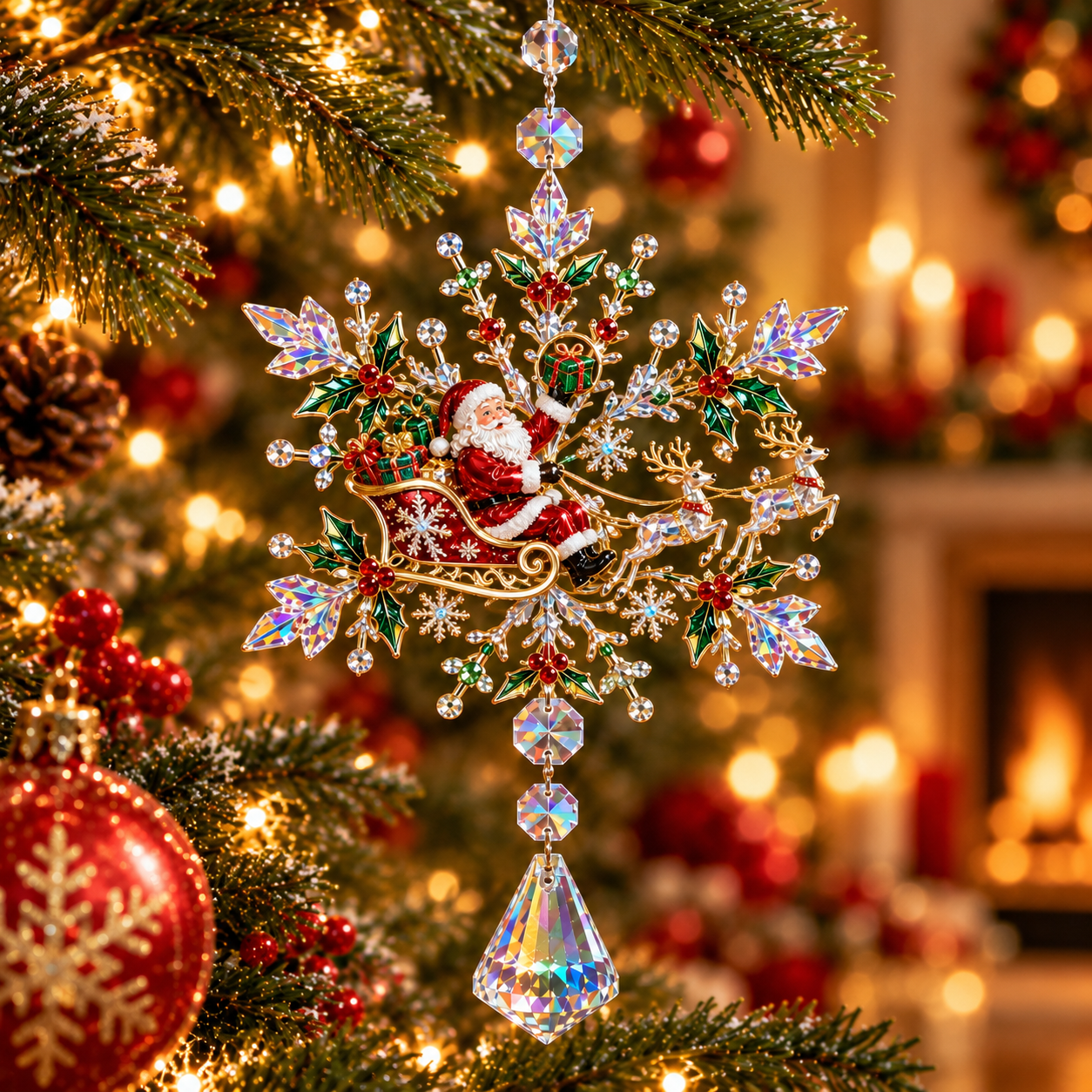 2026 Santa Sleigh Crystal Snowflake Ornament – Sparkling Reindeer & Holly Christmas Suncatcher, Elegant Holiday Tree Decoration & Keepsake Gift