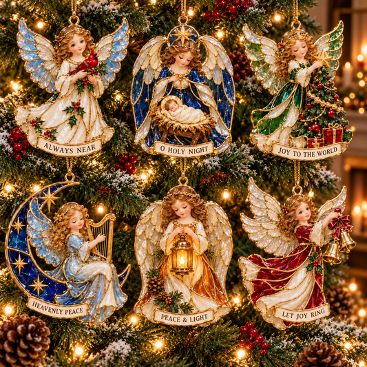 2026 Heavenly Blessings Christmas Angel Ornaments – Set of 6 | Vintage Stained-Glass Style with Golden Details & Heartfelt Messages