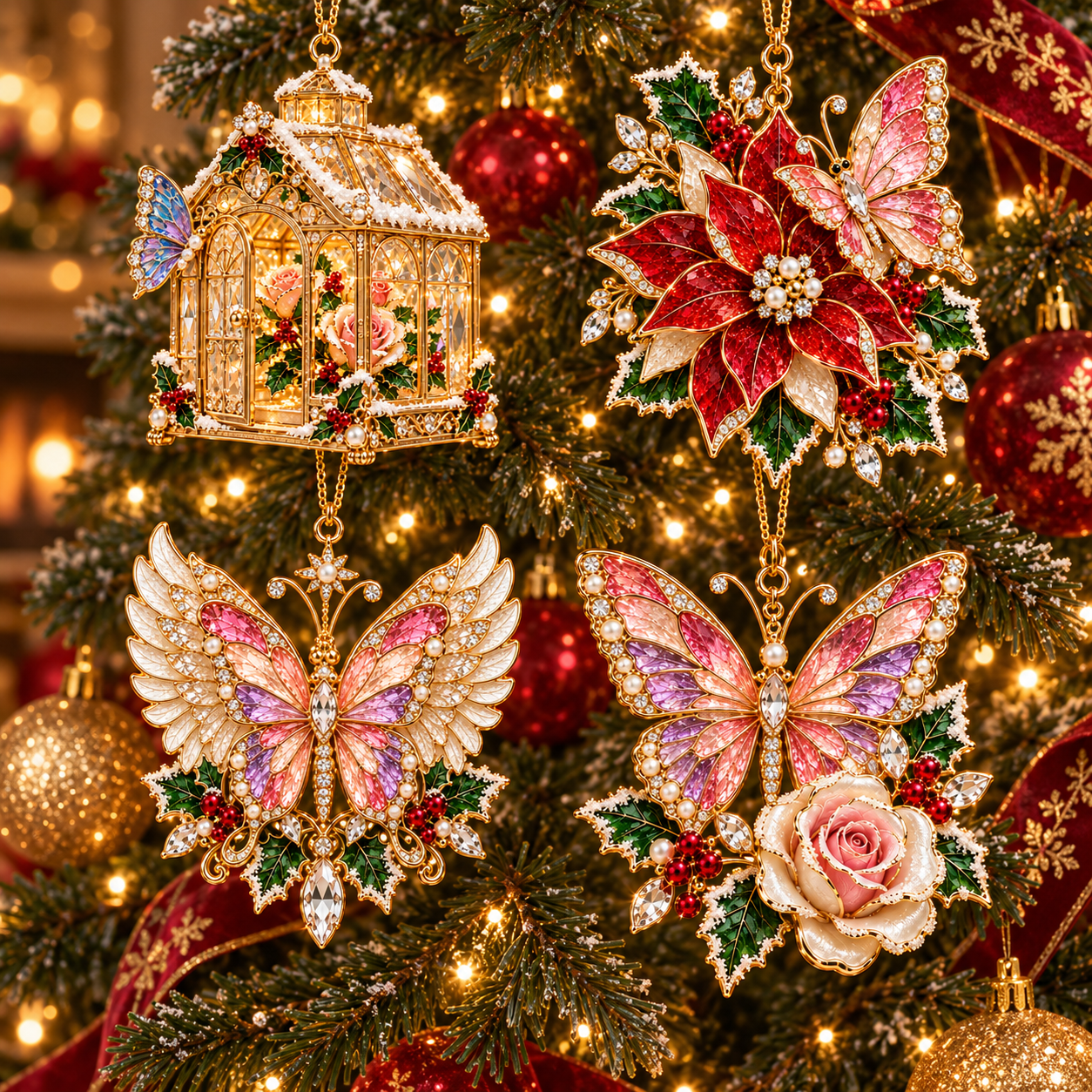 Butterfly Christmas Ornament  –  Elegant Holiday Keepsake Collection, Poinsettia & Rose Christmas Gift for Mom, Grandma & Butterfly Lovers