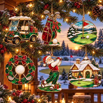 Tee Up the Holidays – Vintage Stained Glass-Style Golf Christmas Ornaments, 6-Piece Set