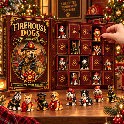 2026 Firehouse Dogs 24-Day Christmas Countdown Calendar – 24 Unique Firefighter Dog Miniatures, Heroic Canine Collector’s Gift for Dog & Firefighter Lovers