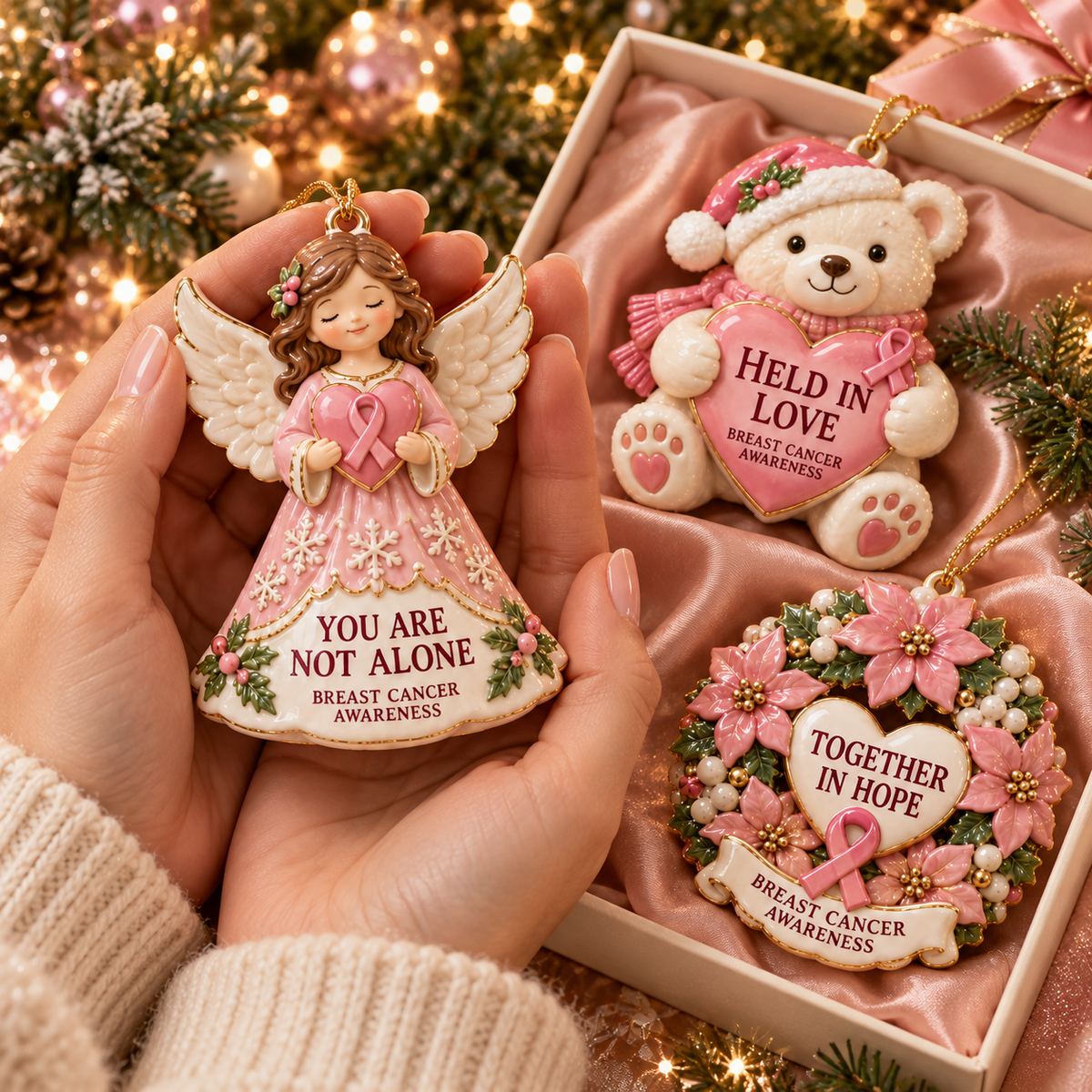 Pink Ribbon Christmas Ornaments – 6-Piece Breast Cancer Awareness Gift Set of Hope, Love & Support