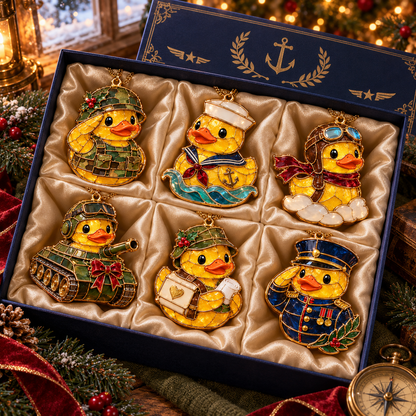 Military Duck Christmas Ornaments – 6-Piece Vintage Stained-Glass Style Gift Set
