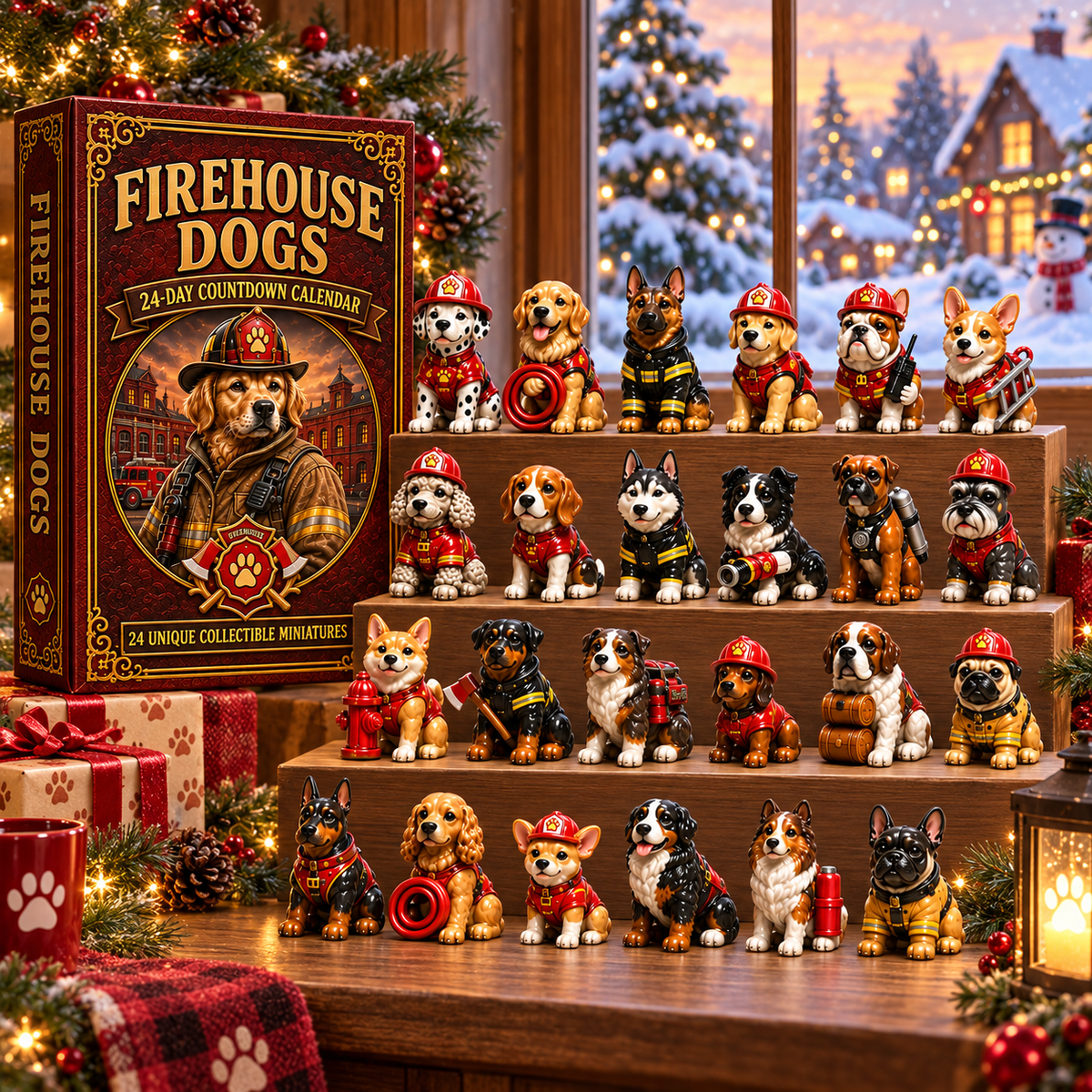 2026 Firehouse Dogs 24-Day Christmas Countdown Calendar – 24 Unique Firefighter Dog Miniatures, Heroic Canine Collector’s Gift for Dog & Firefighter Lovers