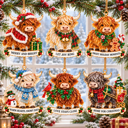 2026 Highland Cow Christmas Ornaments – 6 Festive Designs with Stained-Glass Charm & Heartwarming Wishes