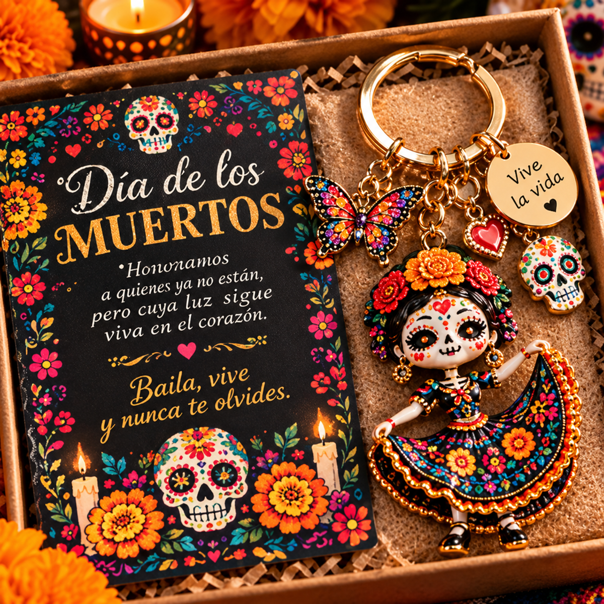 2026 Día de Muertos Keepsake Keychains – 4 Colorful Designs with Remembrance Cards