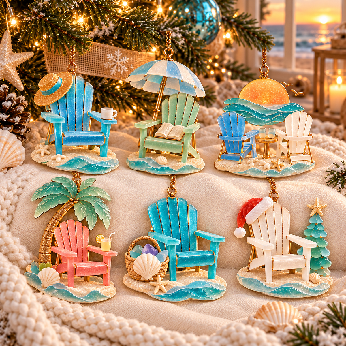 🏖️ 2026 Coastal Christmas Beach Chair Ornaments – Set of 6 Seaside Holiday Keepsakes