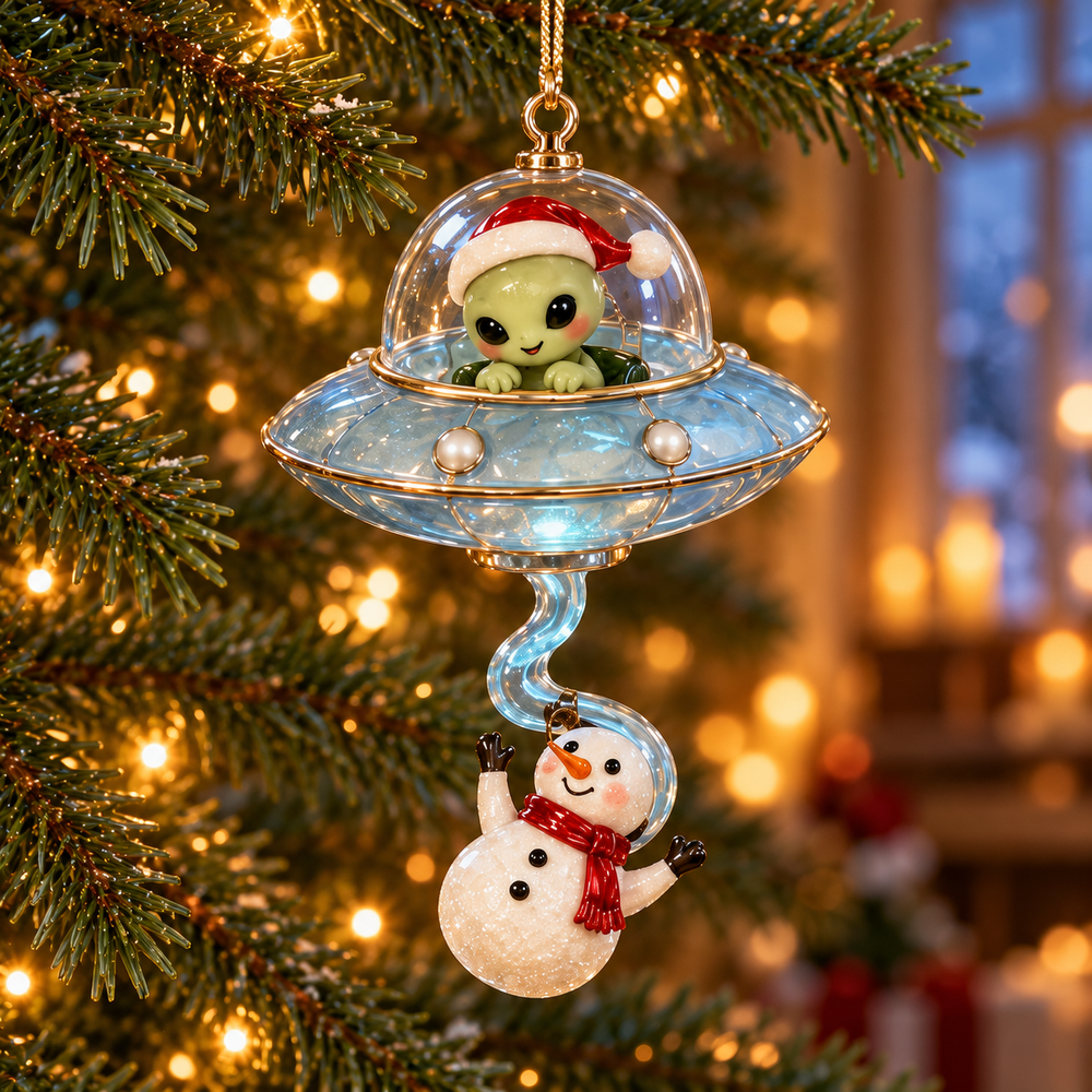 Alien flying saucer ornament lifting a Christmas snowman