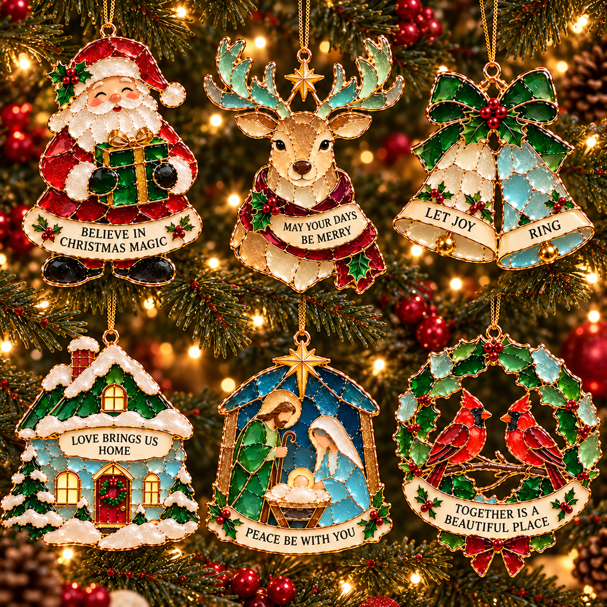 Christmas Wishes — 6-Piece Stained Glass–Style Ornament Set with Heartfelt Blessings