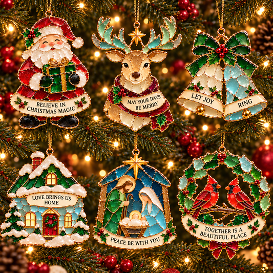Christmas Wishes — 6-Piece Stained Glass–Style Ornament Set with Heartfelt Blessings