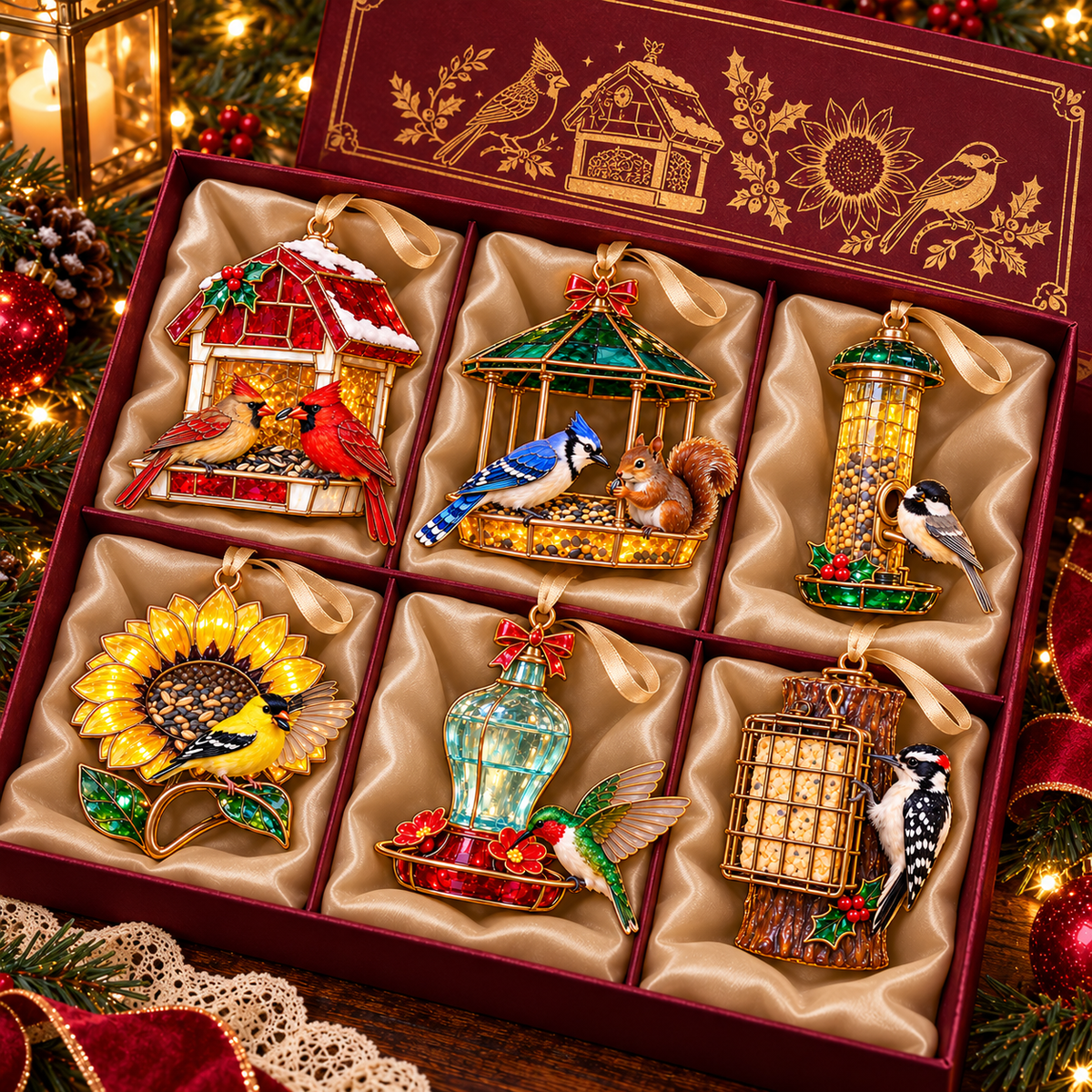 Vintage Bird Feeder Christmas Ornaments – 6-Piece Stained Glass-Style Backyard Birds Collection