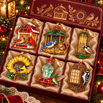 Vintage Bird Feeder Christmas Ornaments – 6-Piece Stained Glass-Style Backyard Birds Collection