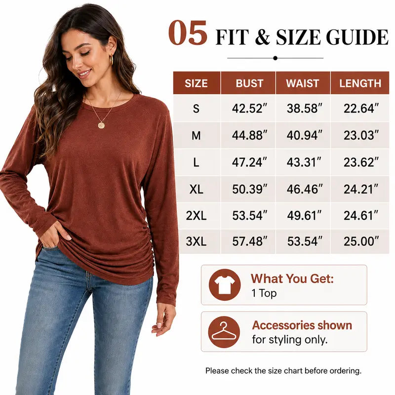 Womens Long Sleeve Shirts Ruched Hem Fall Tops Lightweight Sweaters ✨