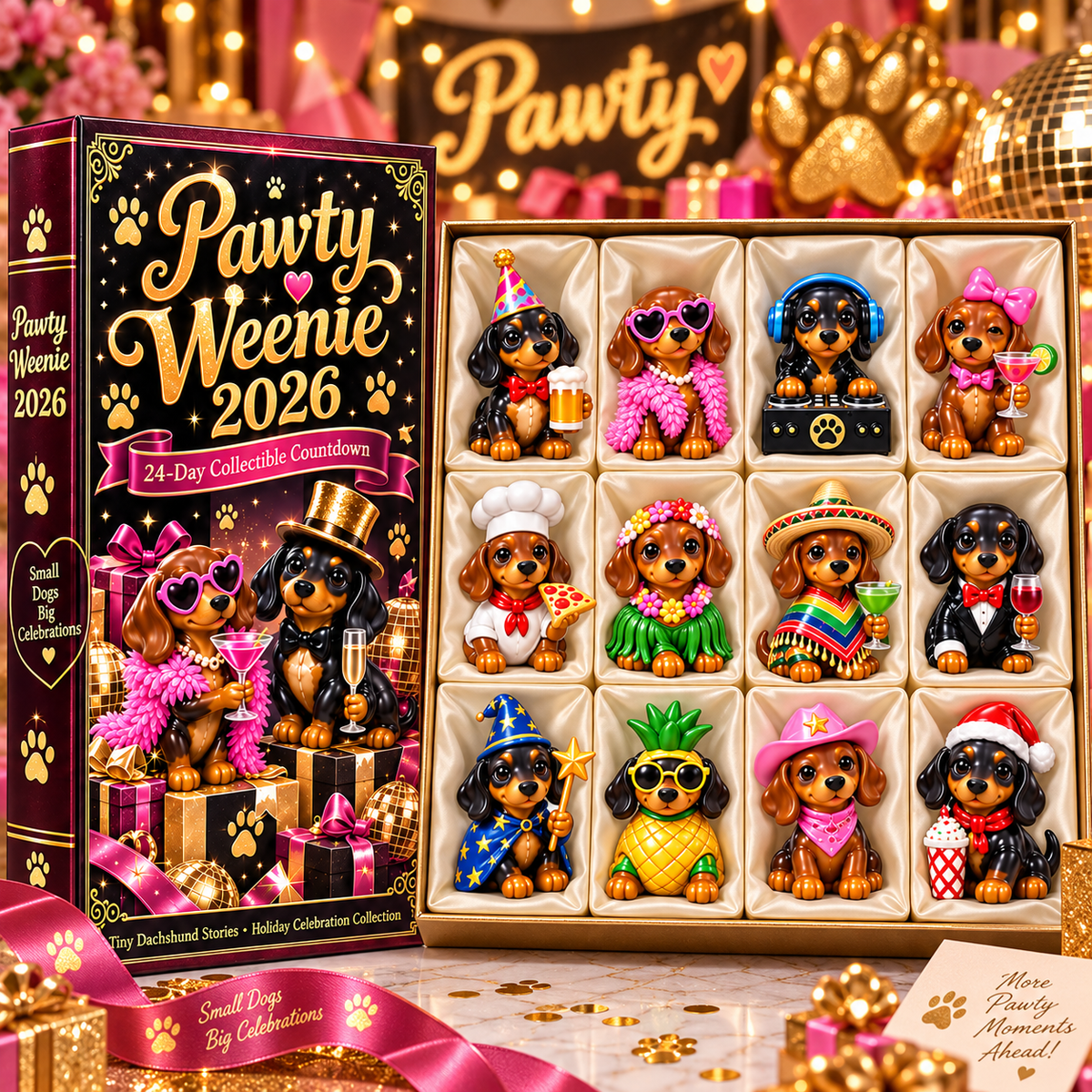 Pawty Weenie 2026 – 24-Day Dachshund Celebration Countdown Calendar with 24 Unique Collectible Miniatures, Fun Christmas Gift for Wiener Dog Lovers