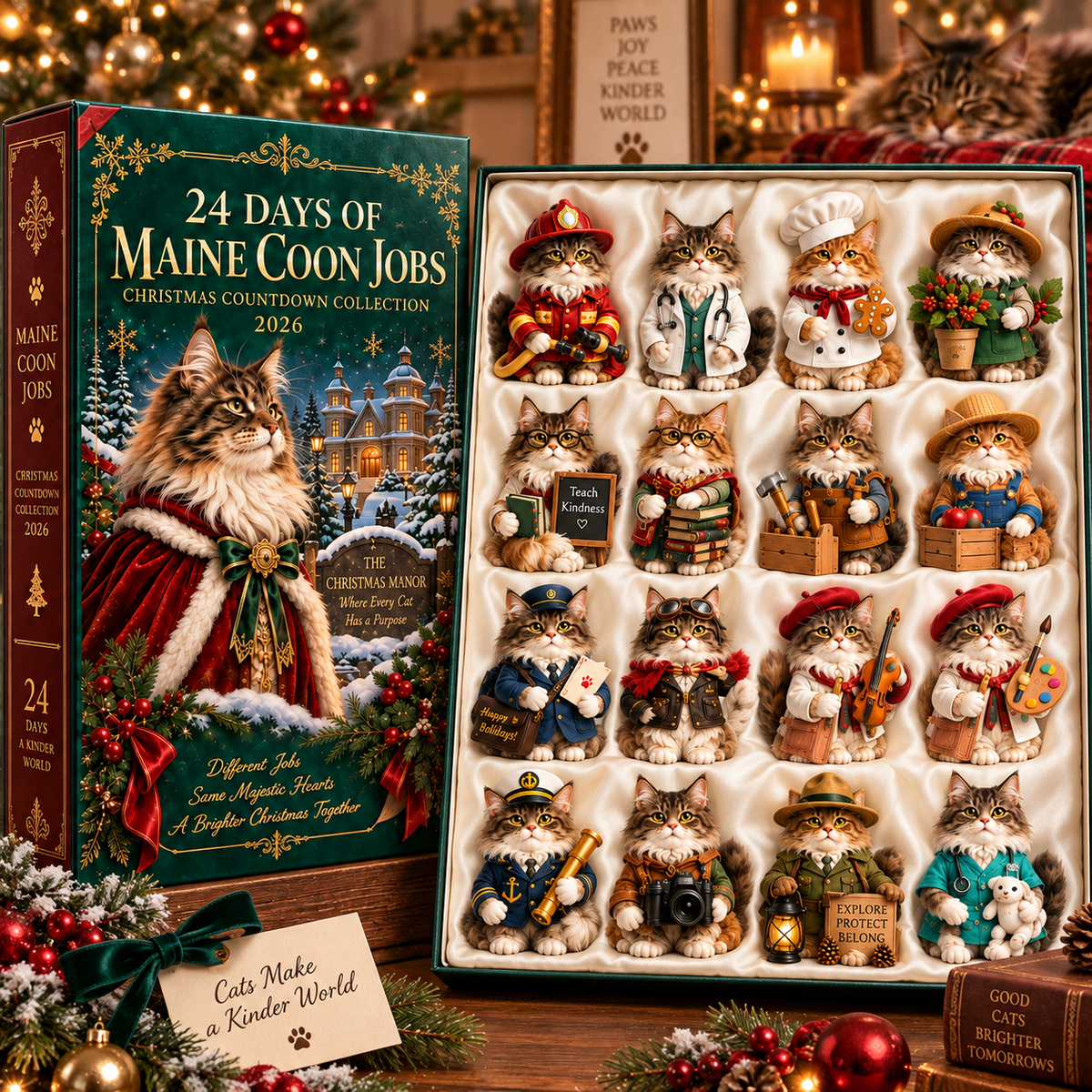 2026 Maine Coon Jobs 24-Day Christmas Countdown Calendar – 24 Unique Career Cat Miniatures, Festive Collector’s Gift for Maine Coon & Cat Lovers