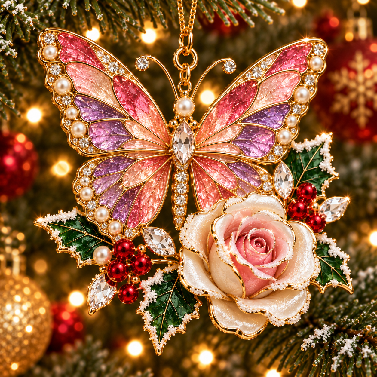 Butterfly Christmas Ornament  –  Elegant Holiday Keepsake Collection, Poinsettia & Rose Christmas Gift for Mom, Grandma & Butterfly Lovers