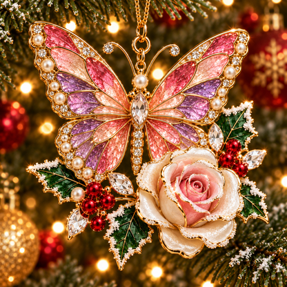 Butterfly Christmas Ornament  –  Elegant Holiday Keepsake Collection, Poinsettia & Rose Christmas Gift for Mom, Grandma & Butterfly Lovers