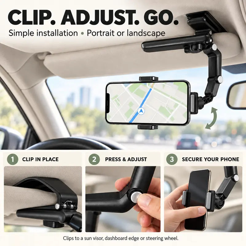 Foldable Car Phone Holder for Sun Visor, Adjustable Arm with 360 Phone Rotation 📱