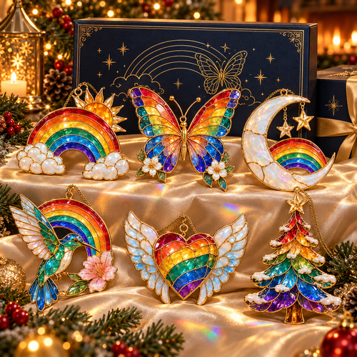 🎄 2026 Magical Rainbow Stained Glass Christmas Ornaments – Set of 6 | Rainbow, Butterfly, Crescent Moon, Hummingbird, Angel Wings Heart & Christmas Tree Hanging Decorations | Colorful Holiday Gifts