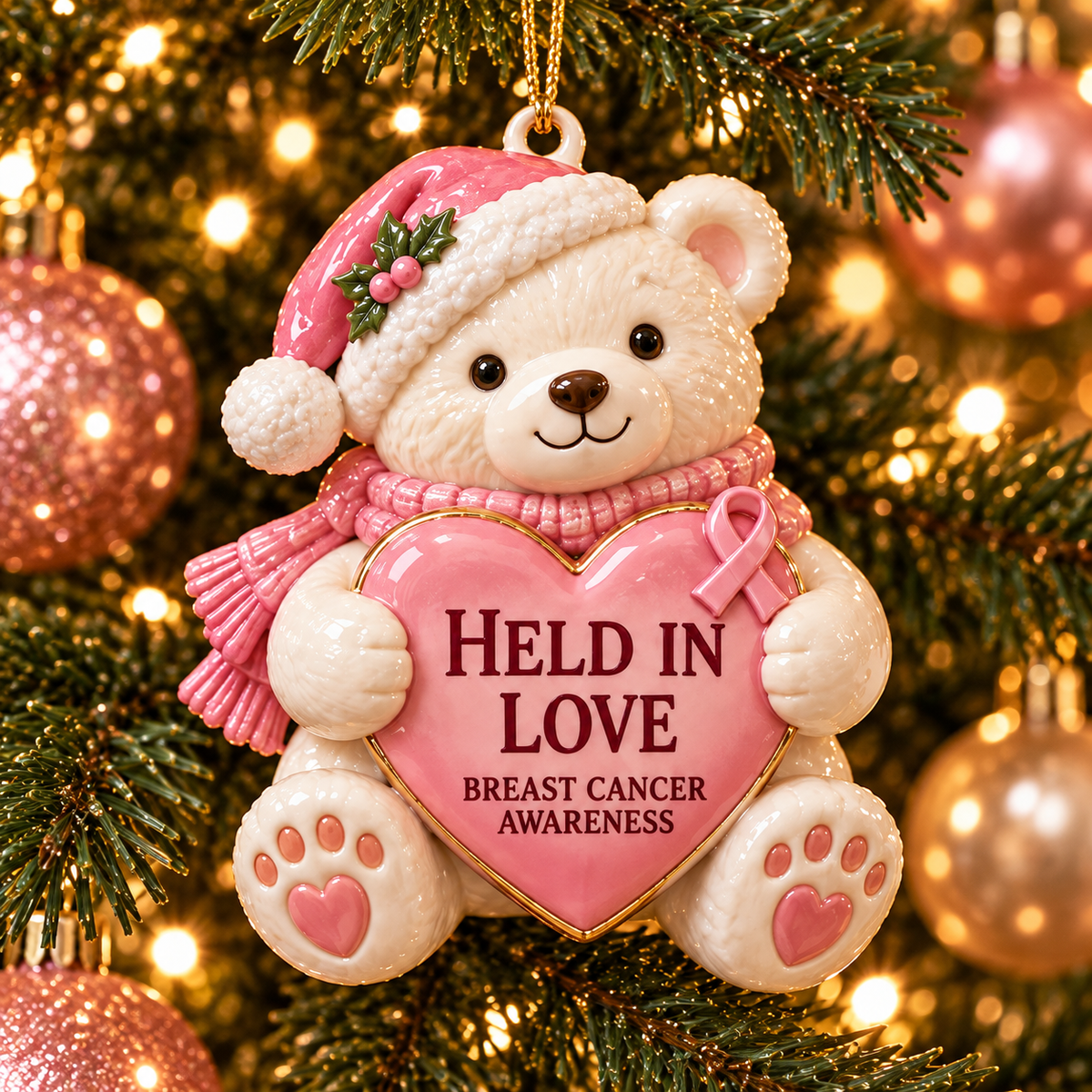 Pink Ribbon Christmas Ornaments – 6-Piece Breast Cancer Awareness Gift Set of Hope, Love & Support