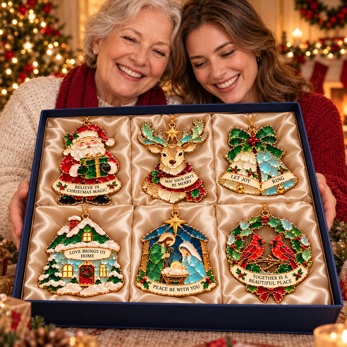 Christmas Wishes — 6-Piece Stained Glass–Style Ornament Set with Heartfelt Blessings