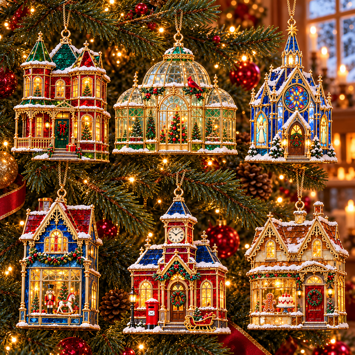🏘️ 2026 Christmas Village House Ornaments – Set of 6 Vintage Holiday Keepsakes