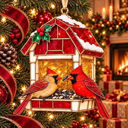 Vintage Bird Feeder Christmas Ornaments – 6-Piece Stained Glass-Style Backyard Birds Collection